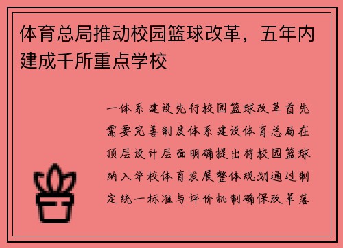体育总局推动校园篮球改革，五年内建成千所重点学校